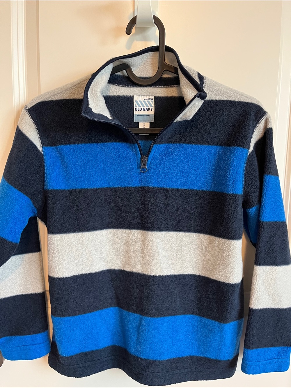 Old Navy Men’s Blue, Black & White Striped Quarter-Zip Fleece Pullover